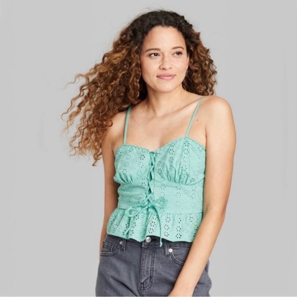 Wild Fable Women's Teal Eyelet Strappy Boho Top Large Romantic Festival Smocked